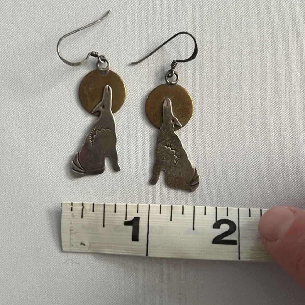 Native American Vintage Sterling Silver Hand Stamped Wolf Howling Moon Earrings